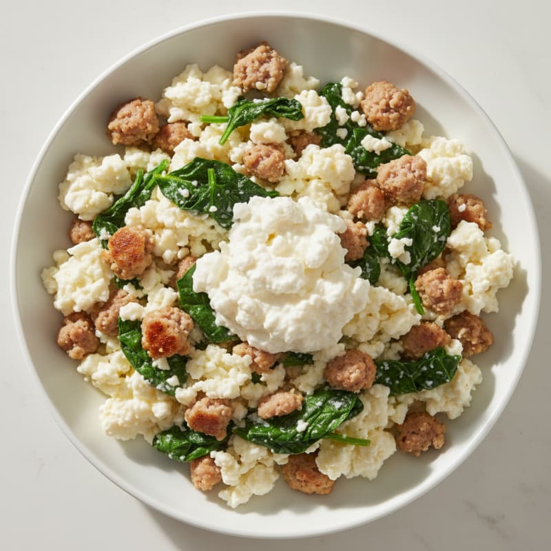 Egg White and Turkey Sausage Scramble with Cottage Cheese and Spinach