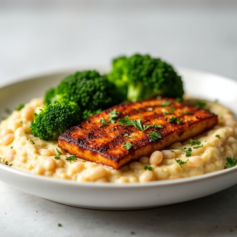 Grilled Tempeh with Creamy White Bean Mash and Steamed Broccoli