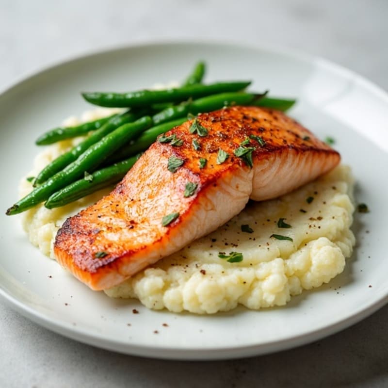 Seared Salmon with Garlic Green Beans and Cauliflower Mash