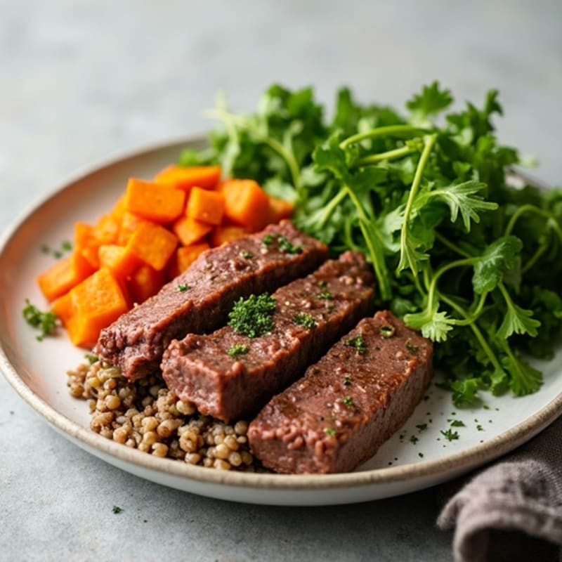 Savory Ground Beef with Roasted Sweet Potatoes and Fresh Greens
