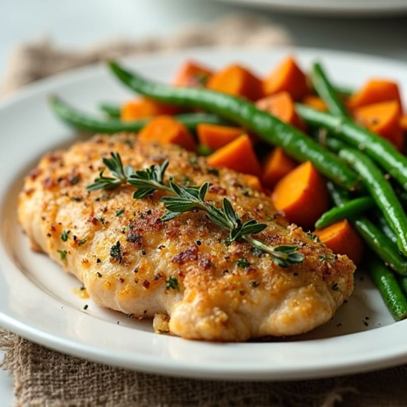 Herb-Crusted Chicken with Roasted Sweet Potatoes and Green Beans