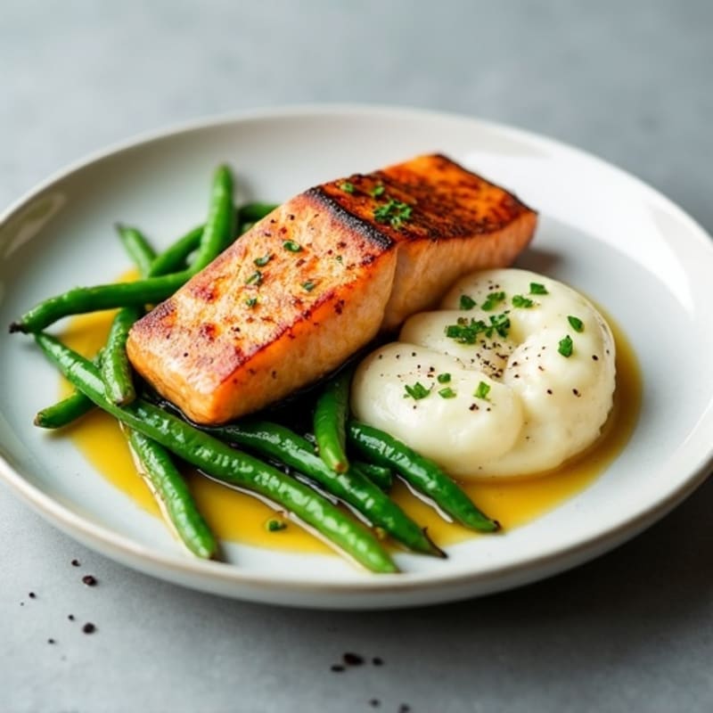 Seared Salmon with Garlic Green Beans and Cauliflower Mash