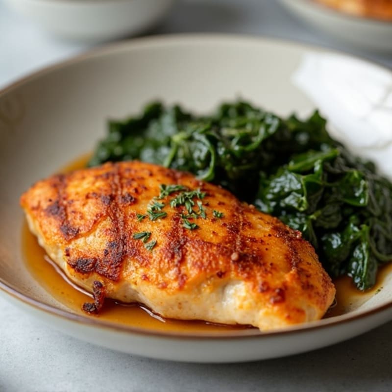 Crispy Pan-Seared Chicken Breast with Roasted Sweet Potatoes and Garlicky Collard Greens
