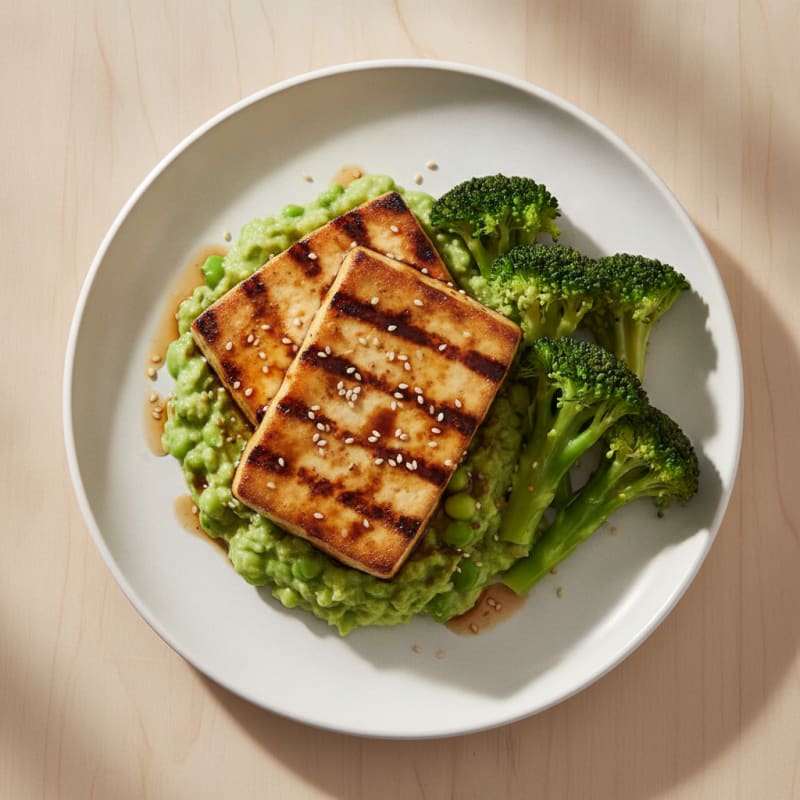 Grilled Tofu Steaks with Steamed Broccoli and Edamame Mash