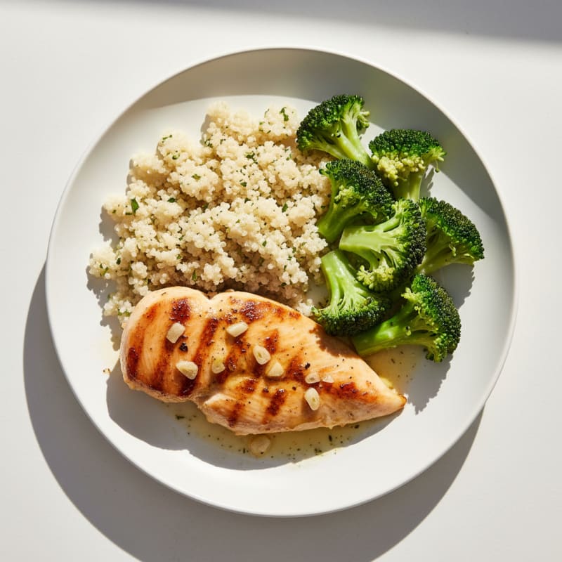 Grilled Lemon-Garlic Chicken Breast with Steamed Broccoli and Quinoa