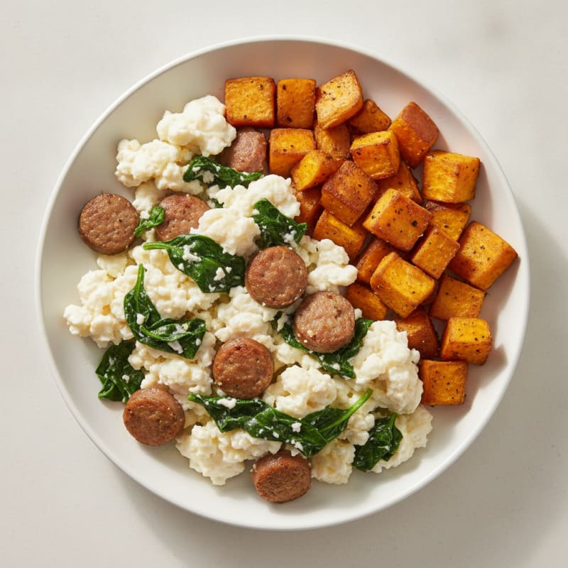 Egg White and Turkey Sausage Scramble with Spinach and Roasted Sweet Potato