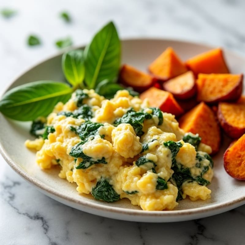 Egg White and Turkey Spinach Scramble with Roasted Sweet Potatoes