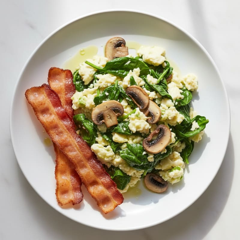 Egg White Spinach Scramble with Turkey Bacon and Sautéed Mushrooms