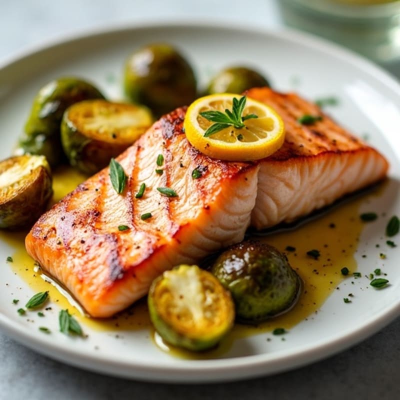 Seared Salmon Fillet with Roasted Brussels Sprouts and Lemon Zest