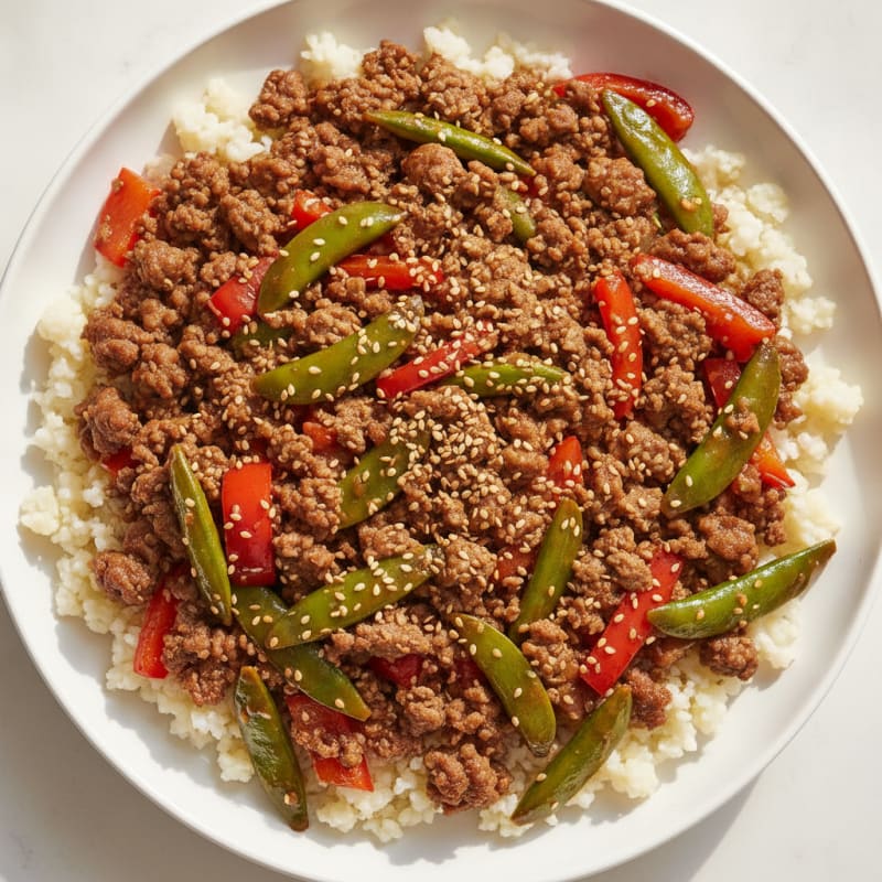 Lean Ground Beef Stir-Fry with Bell Peppers and Snap Peas