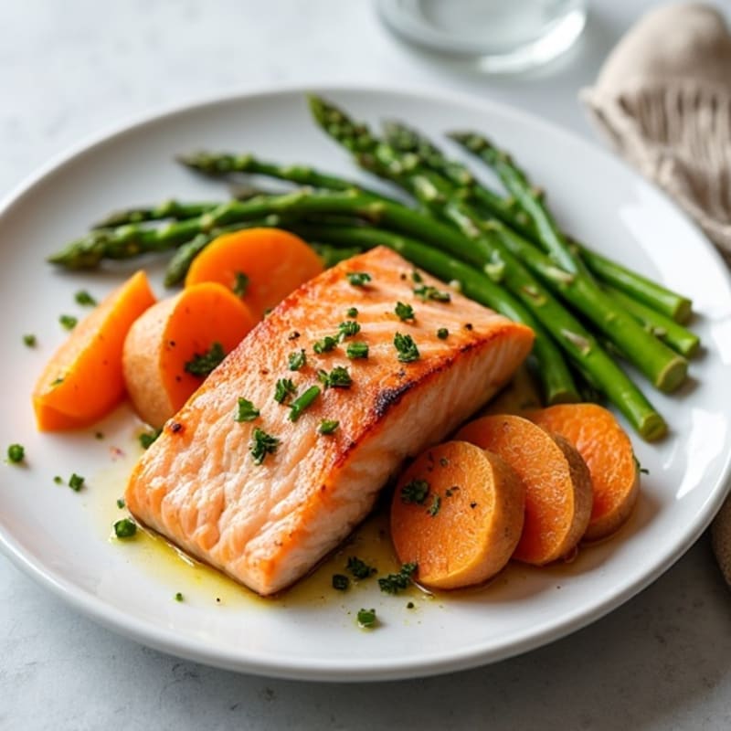 Seared Salmon Fillet with Roasted Sweet Potatoes and Asparagus