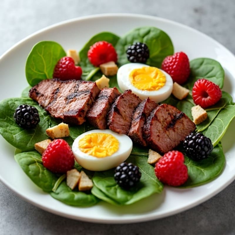 Grilled Beef Steak Salad with Spinach and Berries
