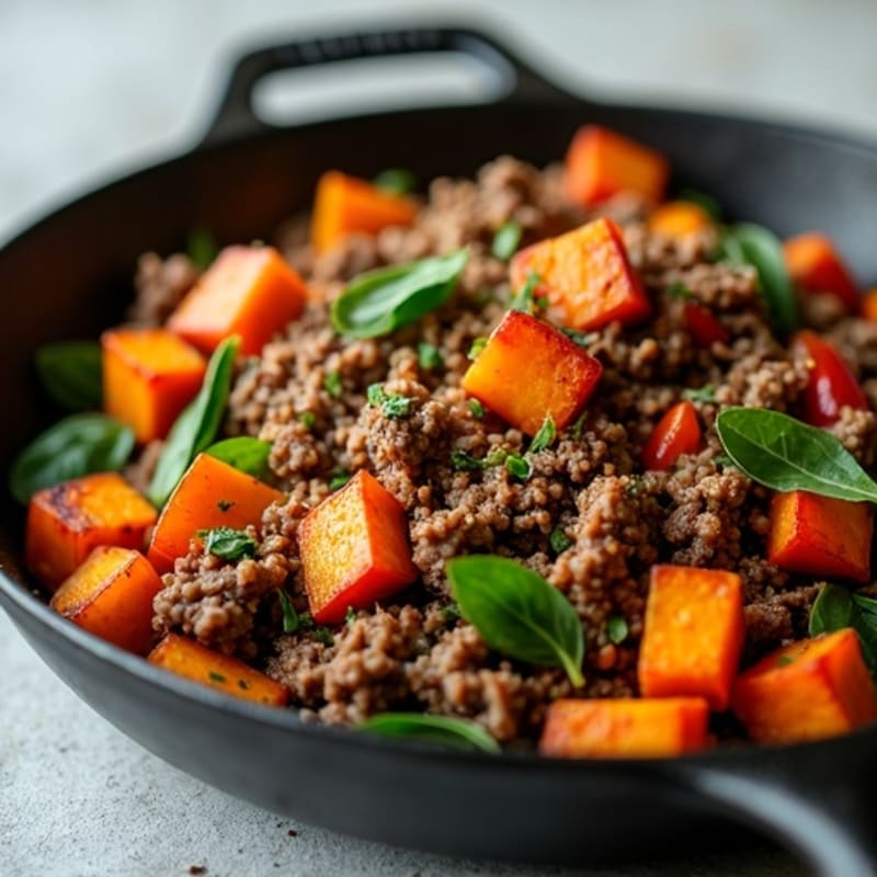 Hearty Ground Beef and Roasted Sweet Potato Skillet