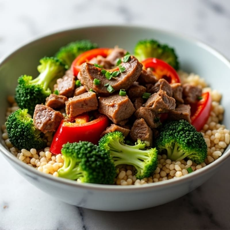 Savory Garlic Ginger Beef with Crispy Broccoli Rice Bowl