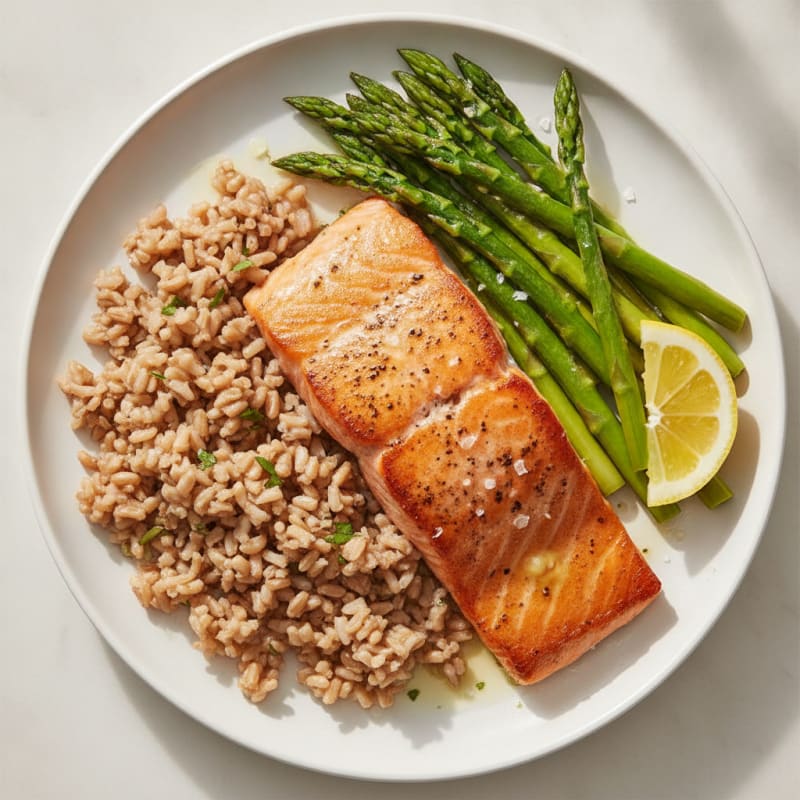 Seared Salmon with Steamed Asparagus and Brown Rice