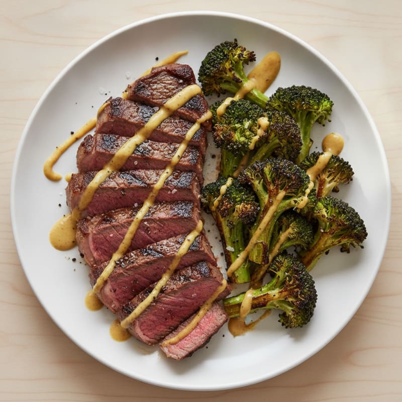 Grilled Beef Steak with Roasted Broccoli and Honey Mustard Drizzle