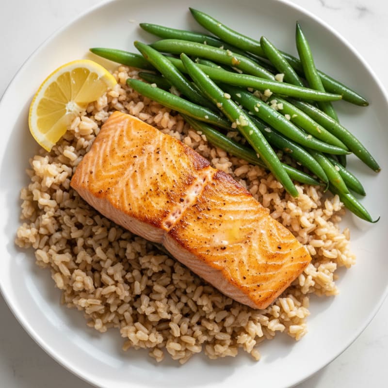 Seared Salmon Fillet with Steamed Brown Rice and Garlic Green Beans