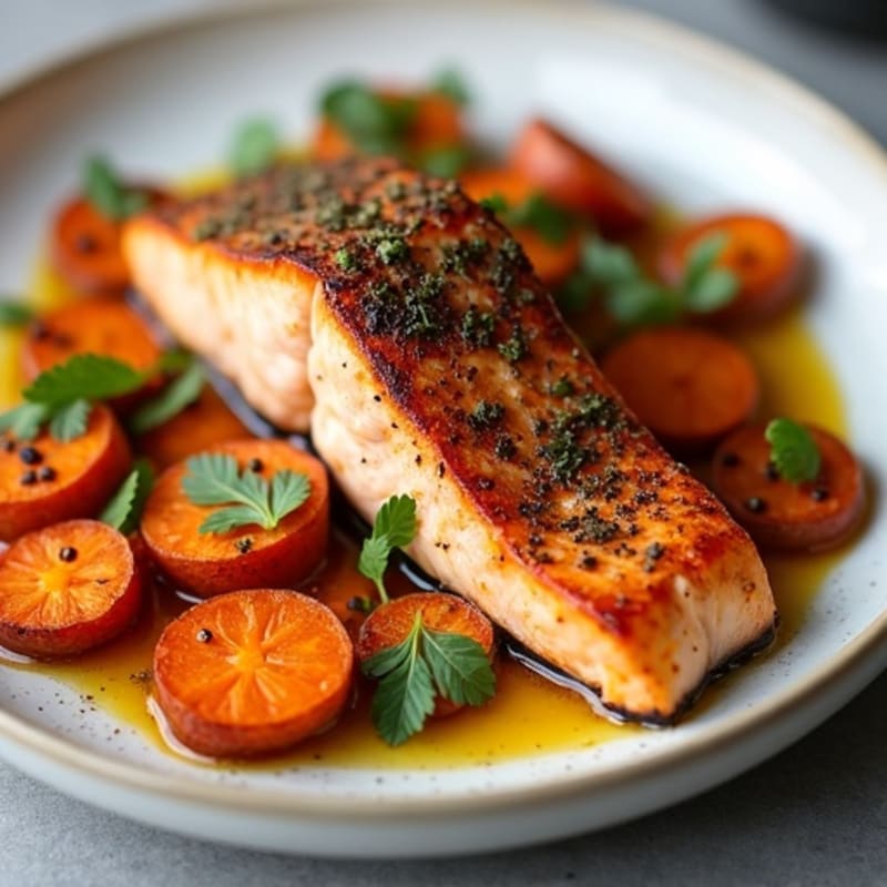 Crispy Pan-Seared Salmon with Roasted Sweet Potatoes
