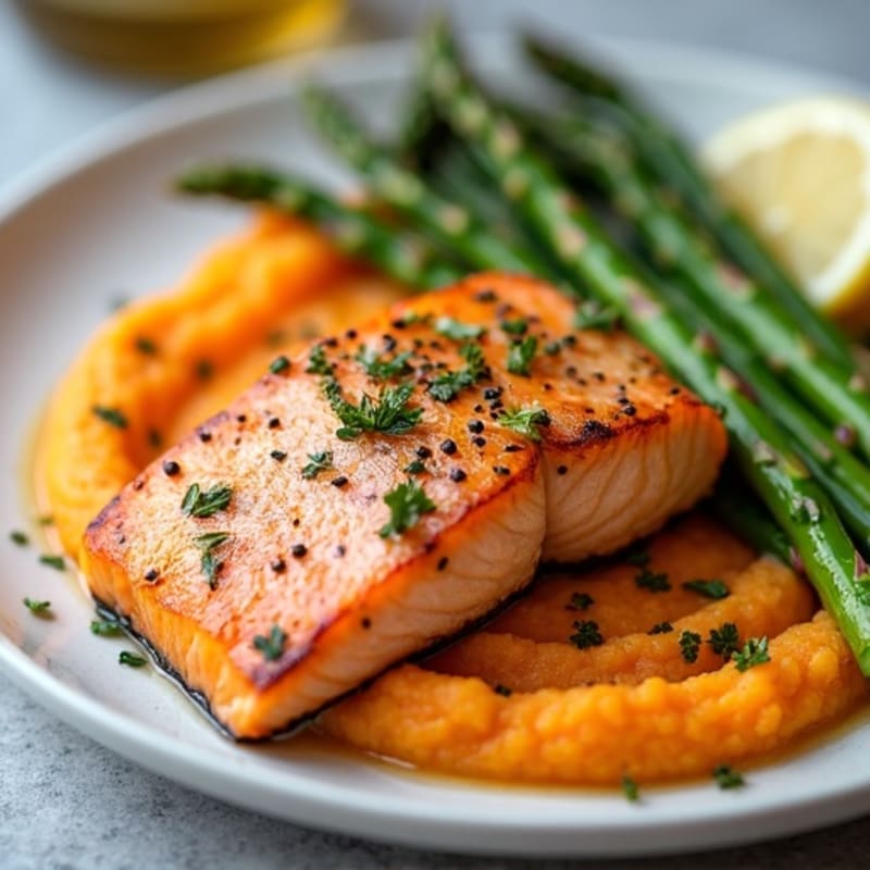 Seared Salmon with Roasted Asparagus and Sweet Potato Mash