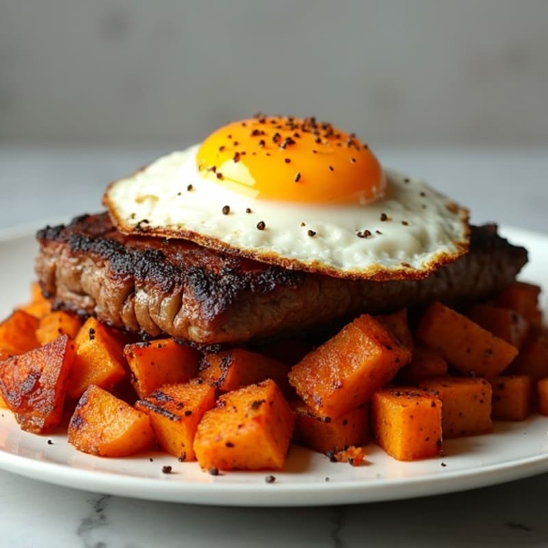 Steak and Crispy Sweet Potato Hash with Fried Eggs