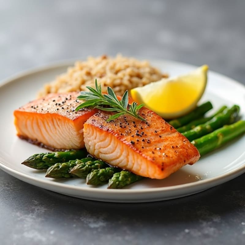Seared Salmon Fillet with Steamed Asparagus and Brown Rice