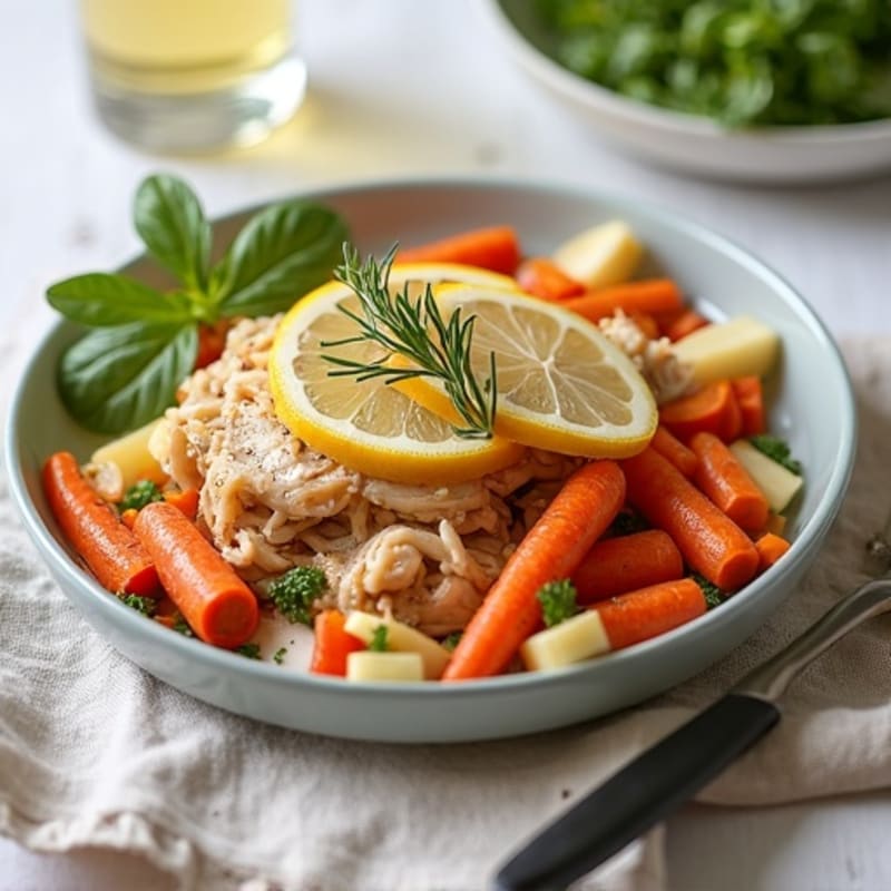Lemon-Herb Shredded Chicken with Roasted Root Vegetables