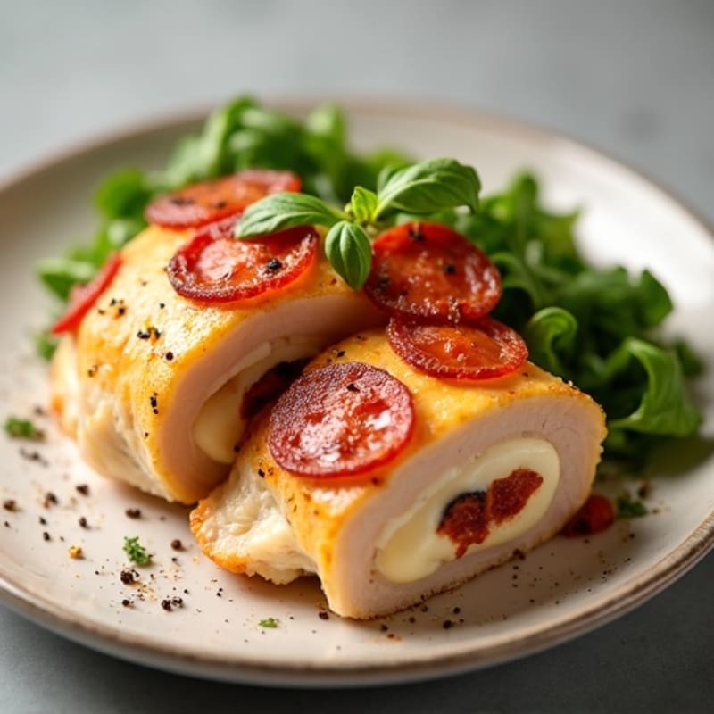 Baked Chicken Breast Stuffed with Melty Mozzarella and Crispy Turkey Pepperoni