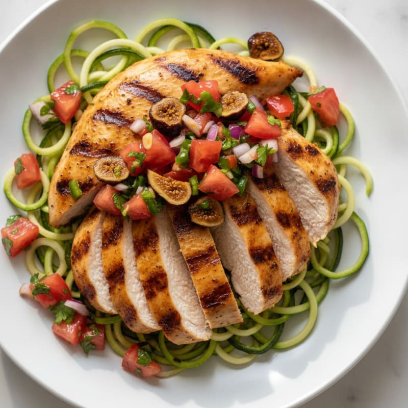 Grilled Chicken Breast with Spicy Tomato Salsa and Zucchini Noodles
