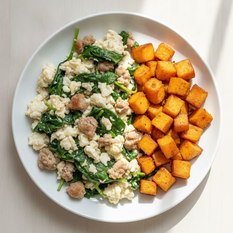 Egg White and Turkey Sausage Scramble with Spinach and Roasted Sweet Potato