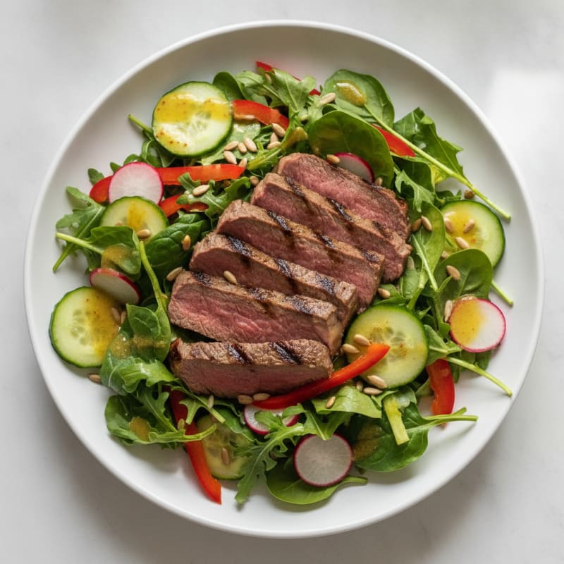 Grilled Beef Steak Salad with Crunchy Vegetables and Lemon Vinaigrette