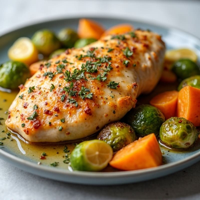 Lemon Herb Roasted Chicken with Crispy Brussels Sprouts and Sweet Potato