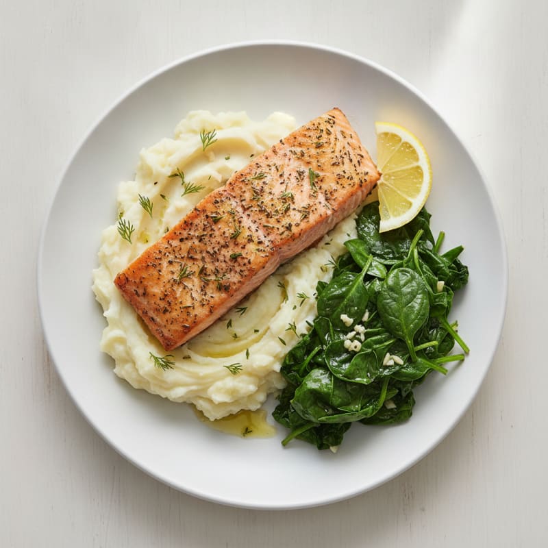 Herb-Roasted Salmon with Mashed Potatoes and Garlic Greens