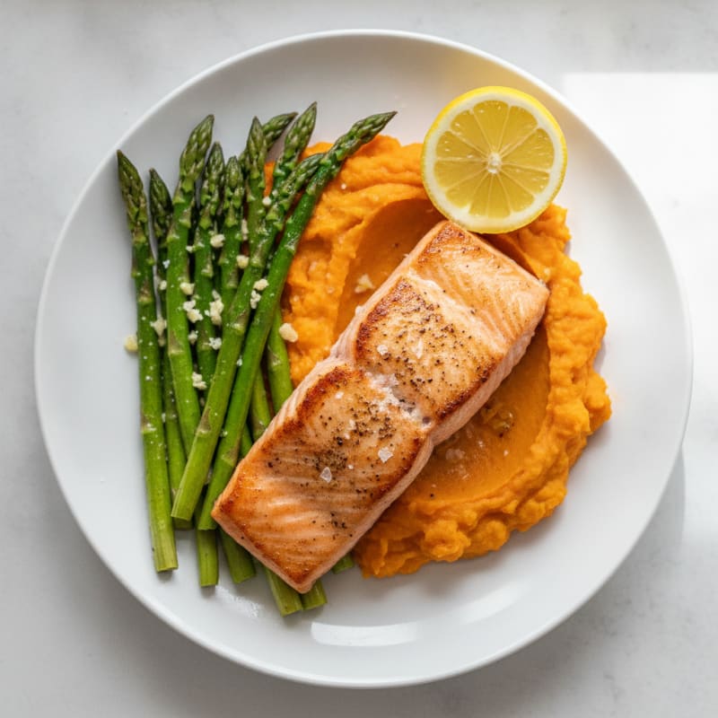 Seared Salmon Fillet with Roasted Asparagus and Sweet Potato Mash