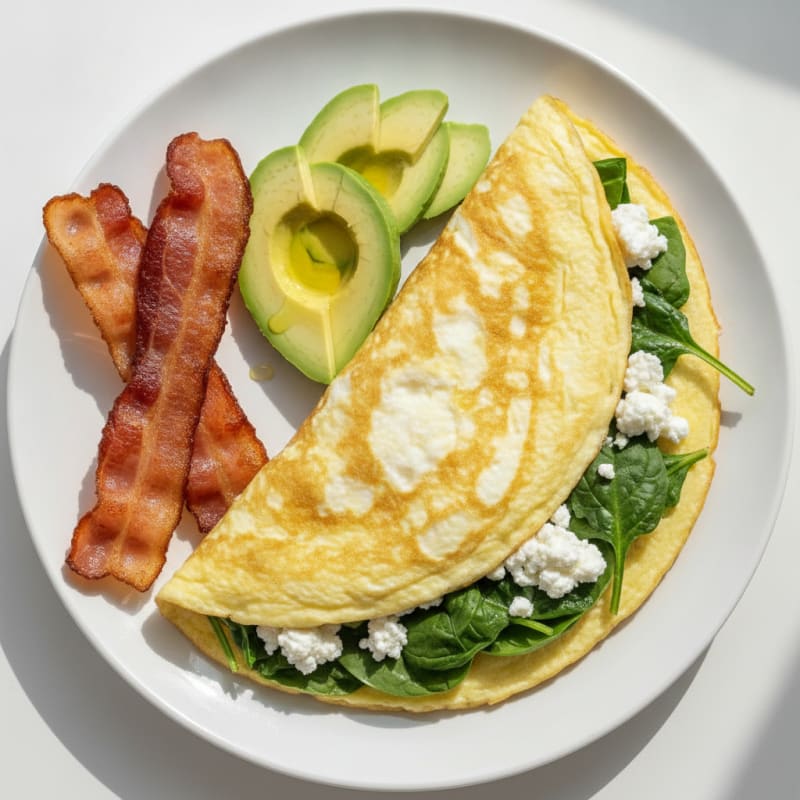 Egg White Spinach Omelette with Cottage Cheese and Turkey Bacon