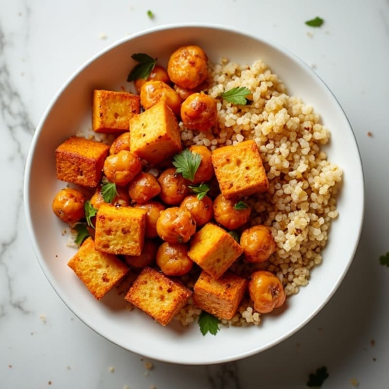 Crispy Roasted Chickpeas with Tofu & Quinoa Bowl