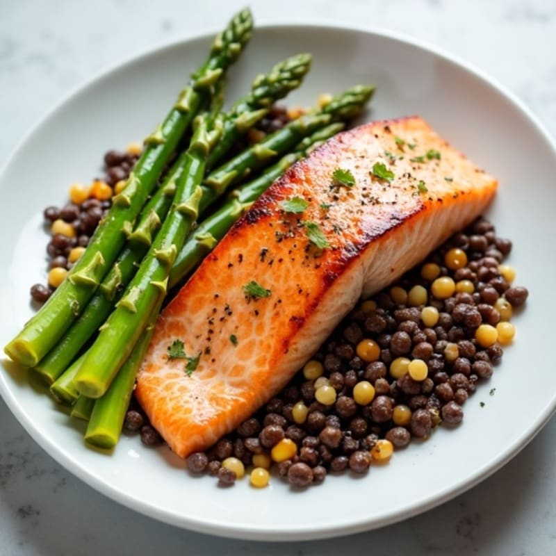 Seared Salmon Fillet with Steamed Asparagus and Lentil Salad Enhanced with Egg Whites