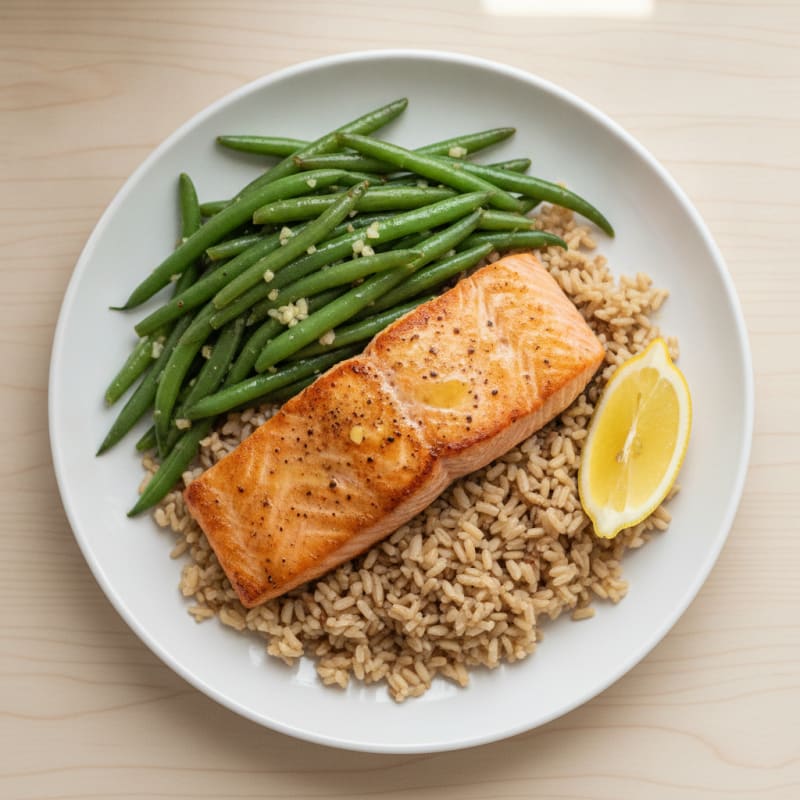 Seared Salmon Fillet with Garlic Green Beans and Brown Rice