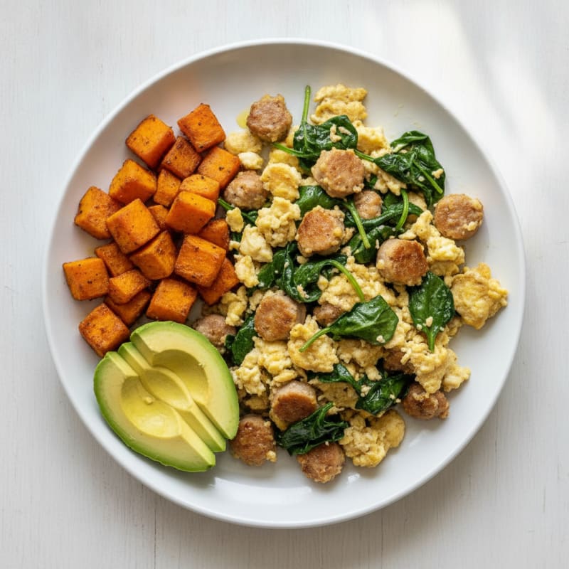 Egg White and Chicken Sausage Scramble with Sautéed Spinach