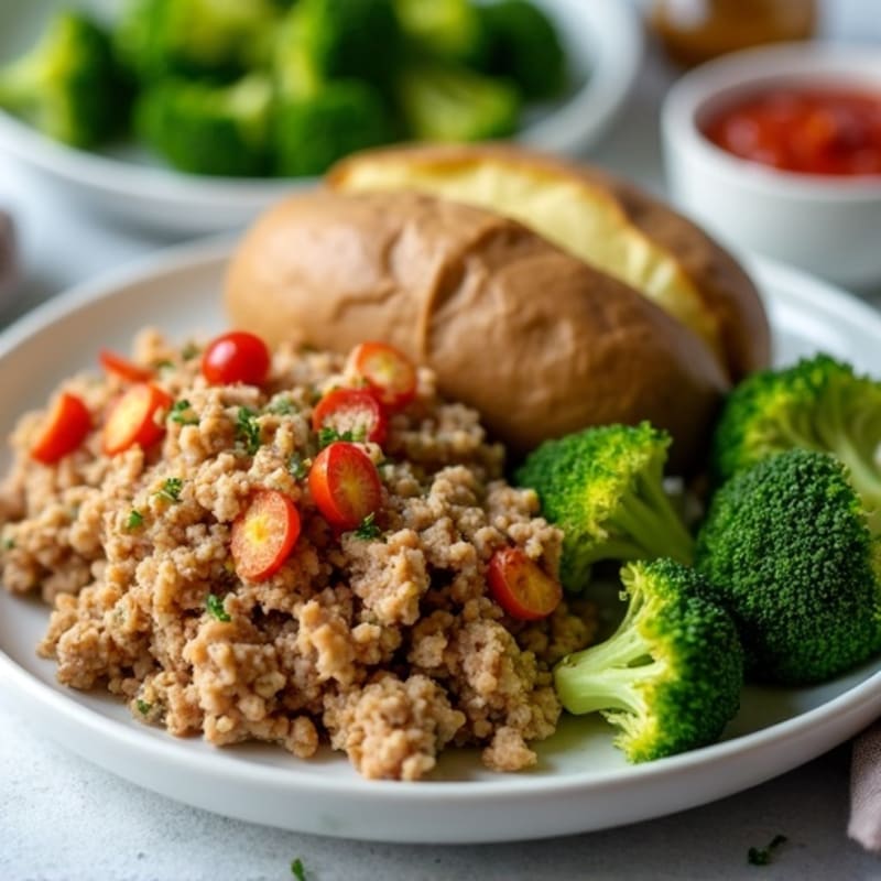 Hearty Baked Potatoes with Lean Ground Turkey and Steamed Broccoli