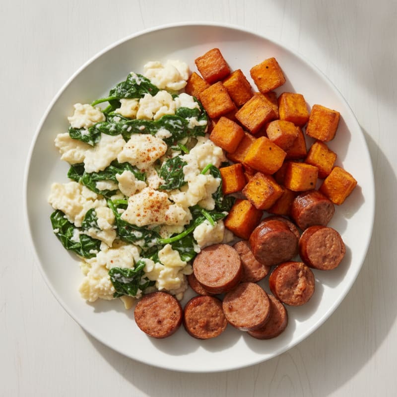Egg White Spinach Scramble with Turkey Sausage and Roasted Sweet Potato