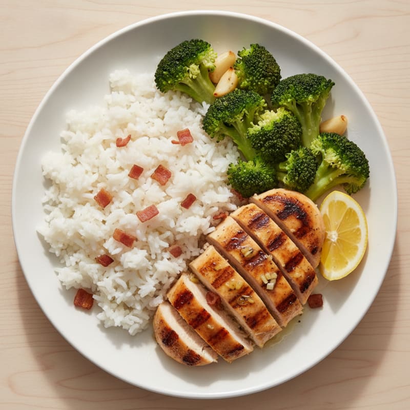 Grilled Chicken Breast with Rice and Steamed Broccoli