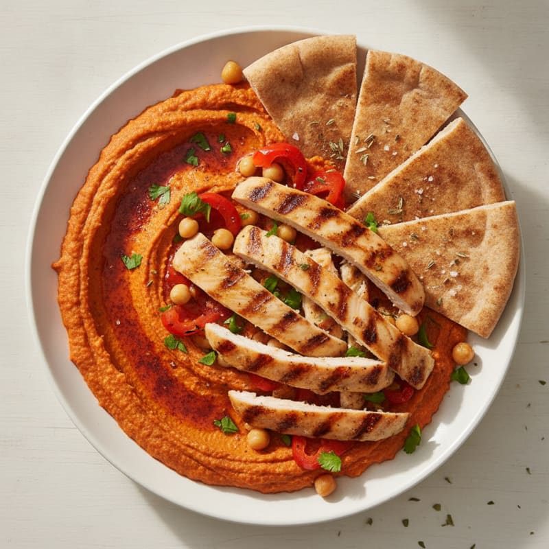 Roasted Red Pepper Hummus with Grilled Chicken and Pita