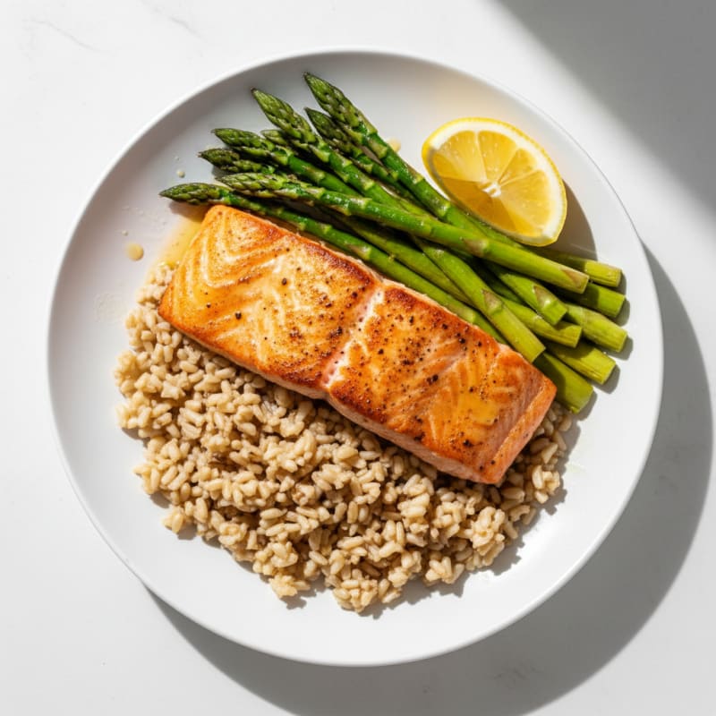 Seared Salmon with Steamed Asparagus and Brown Rice