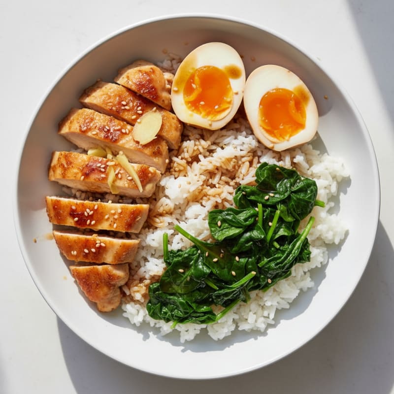 Soy-Ginger Chicken Egg Bowl with Steamed Spinach and Rice