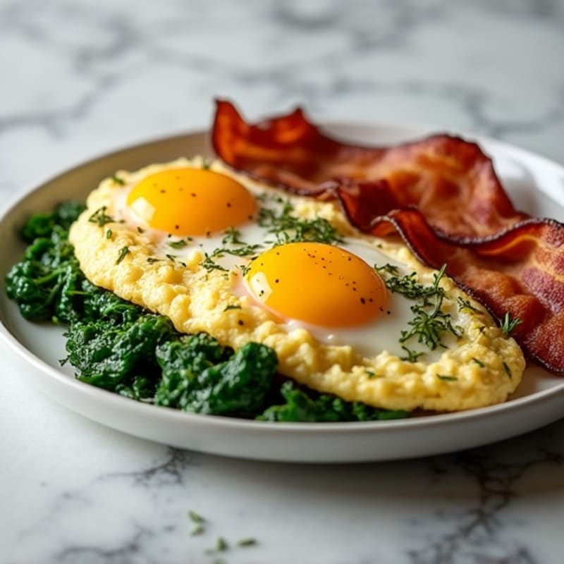 Crispy Turkey Bacon and Egg White Scramble with Sautéed Spinach