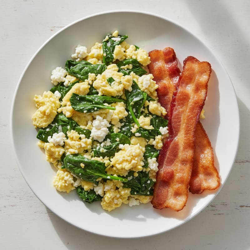 Cottage Cheese Scramble with Sautéed Spinach and Turkey Bacon