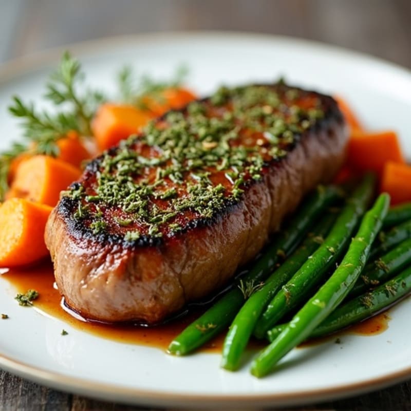 Herb-Crusted Steak with Roasted Sweet Potatoes and Green Beans