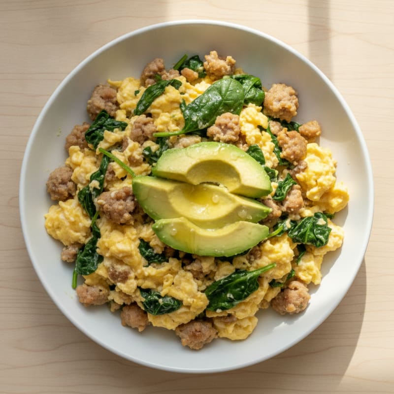 Creamy Scrambled Eggs with Turkey Sausage and Sautéed Spinach