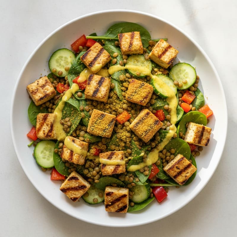 Grilled Tofu and Lentil Salad with Crunchy Vegetables