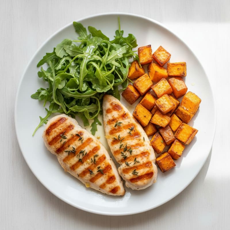 Grilled Chicken Cutlets with Roasted Sweet Potatoes and Arugula Salad